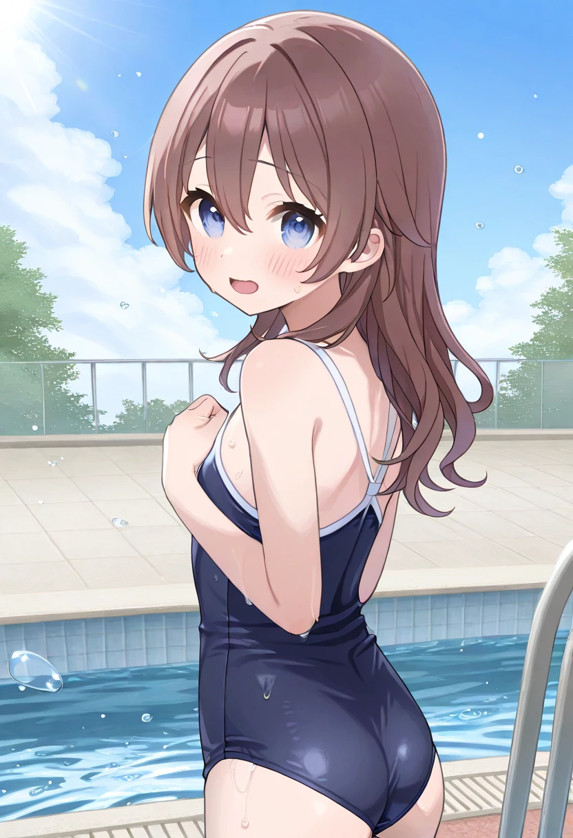  top quality 、幼い girl が1人、 focus on face 、Extremely small bust 、 slender body、 dark brown hair 、 brown skin next to a woman、ショートツインテールの girl 、 blue eyes、 is standing、 navy blue school swimsuit、 girl 、whole body、 slender body、Slender legs、Pool、sit、blue sky、smile、The sun shines in、lie down、Water Drop、vapor、Embarrassed、blush