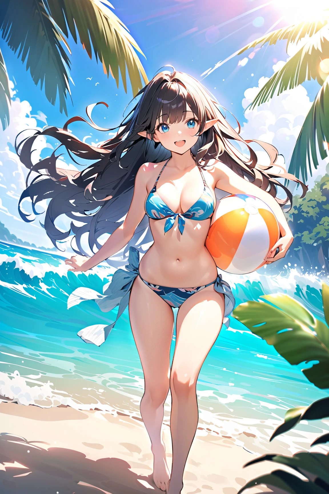 High resolution photo of three beautiful women in their mid-twenties playing in the ocean on a sunny day。(The first woman、With long straight blonde hair、She is wearing a light blue bikini。Her eyes are blue、The smile is attractive。The second woman is、With short black hair、Wearing a red one-piece swimsuit、Her skin has a healthy tan。The third woman is、With brown curly hair、She is wearing a white bikini and a colorful sarong。Her eyes are green、I'm smiling happily)。The clear blue sky and turquoise sea spread out in the background.、Colorful beach balls and towels are scattered on the sand.。The overall atmosphere represents a fun and relaxed summer day.。