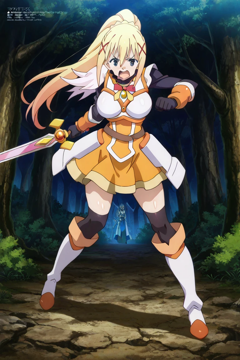 1girl,darkness,konosuba, fighting poses , dress,  fantasy forest,body armour,sword,angry,white armour, skirt white
 ,  Prompt: (huge gigantic super mega hyper:1.4),(biggest round giant massive :1.4), (only one women), source_anime,masterpiece,best quality,highres,absurdres,official art,official style,source_anime,anime screencap,anime coloring,megami magazine,anime,animated,explicit, shiny skin,hot