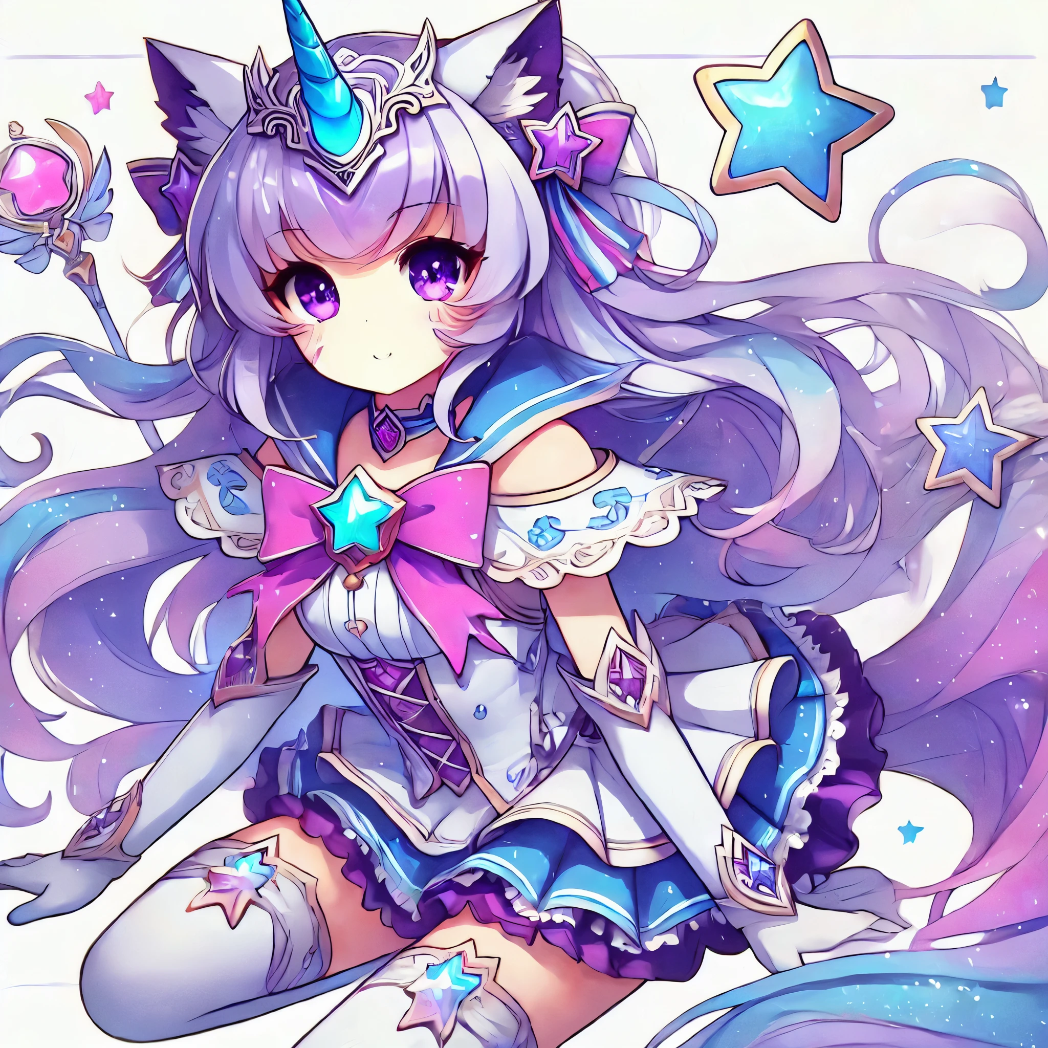anime girl with long hair and a star wand, seraphine ahri kda, splash art anime , very beautiful anime cat girl, Beautiful Celestial Mage, Cute anime CatGirl , lunar themed attire, astral witch clothes, beautiful anime catgirl, Nightcore, Star guardians, cute anime, sparkling magical girl, anime fantasy illustration, anime character art(( best quality)), (( masterpiece)), ( Detailed ), full body, in front of the spectator , Perfect face, purple hair , Star guardian, short cyan hair, heterochromia, purple and cyan eyes, Sparkly purple eyes, long eyelashes, cyan blue hair, orejas de gato azul cian, sweet smile, magical girl