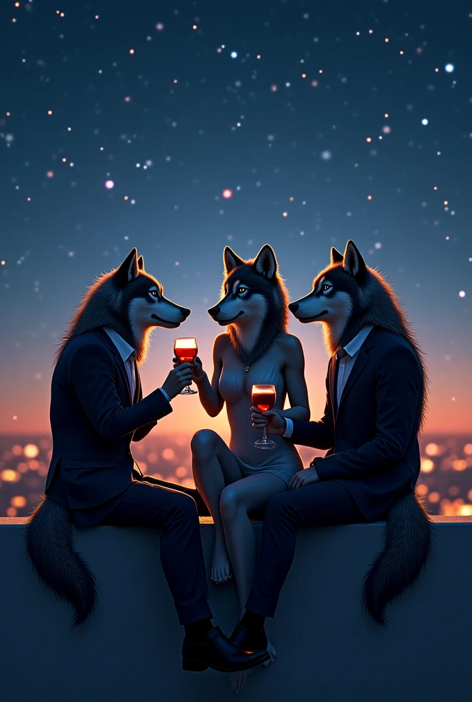 wolves dressed in gangster suits surrounded by naked women dancers with huge breasts, big round buttocks, long legs in a table dance with neon lights, nudist bar, alcoholic beverages