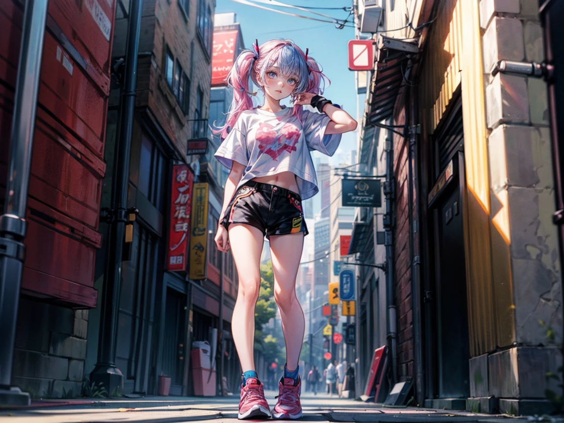 Full body view, woman standing confidently, 8K resolution, high detail, around 20 years old, (one female:1.5), vibrant-colored hair, twin tails, straight eyebrows, sanpaku eyes, upturned eyes, vivid pink irises, simple outfit, unique t-shirt, black shorts, sneakers, big city:1.0, buildings, bright blue sky, vivid color, ((UHD, masterpiece, super detail, best quality, highres, 8k)), (detailed line art), {perfect face, perfect body, perfect hands, perfect feet}