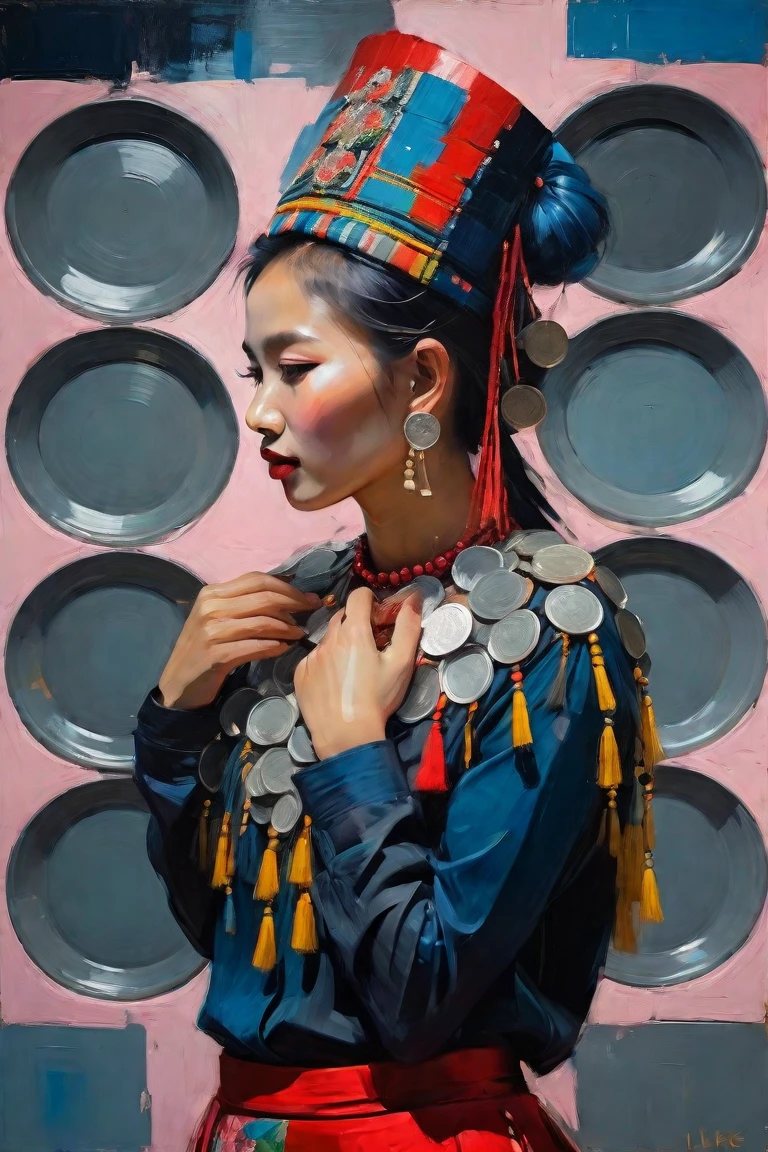 Create a contemporary portrait of a beautiful Kachin woman, Myanmar with Kachin Traditional dress, black long sleeve shirt and red skirt ,Decorated with silver coins, silver rings and decorated with silver chains on the black shirt , red head dress in the
expressive and painterly style of Malcolm Liepke,
utilizing a palette of yellow, light pink, muted blue, dark
grayish blue, bright blue, very dark gray, and
light grayish blue.The portrait should feature a
close-up of the subject's face with strong,
dynamic
brushstrokes and a focus on capturing
the depth and texture characteristic of
Liepke's work. Use light pink and bright
blue for the highlights and vibrant
areas,while employing muted blue, dark
grayish blue, very dark gray, and light
grayish blue to create shadows and
depth. Ensure the background
complements
the portrait with subtle variations of the
same color 
palette, evoking a sense of modern
elegance and
emotional intensity