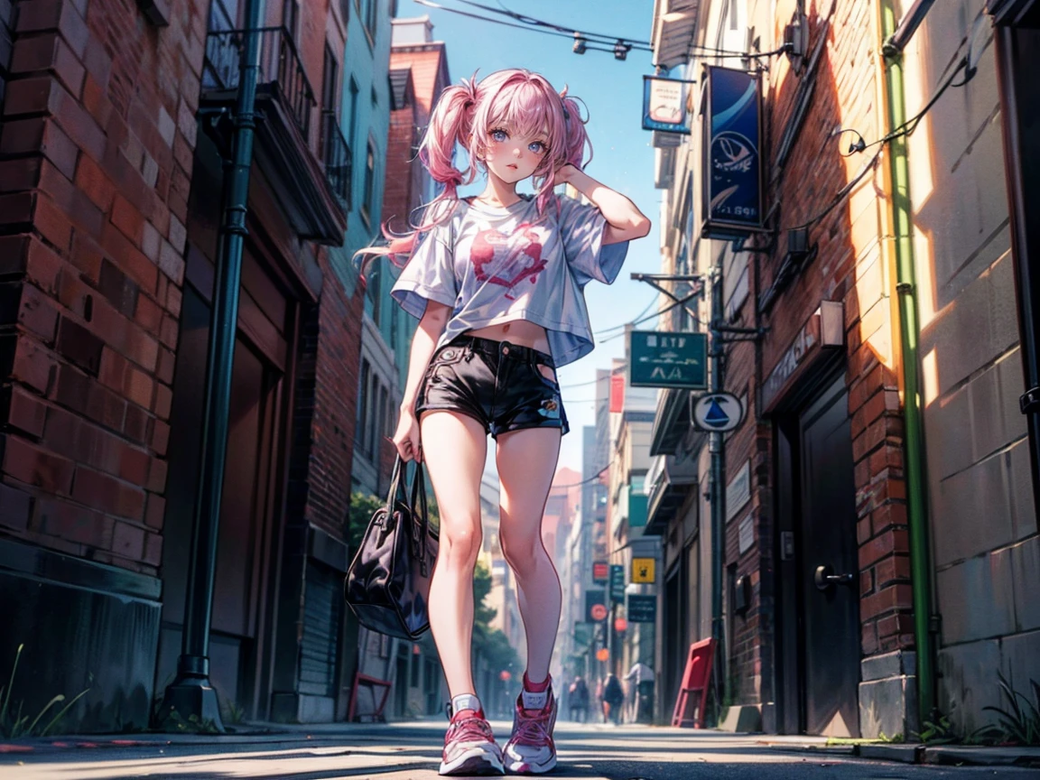 Full body view, woman standing confidently, 8K resolution, high detail, around 20 years old, (one female:1.5), vibrant-colored hair, twin tails, straight eyebrows, sanpaku eyes, upturned eyes, vivid pink irises, simple outfit, unique t-shirt, black shorts, sneakers, big city:1.0, buildings, bright blue sky, vivid color, ((UHD, masterpiece, super detail, best quality, highres, 8k)), (detailed line art), {perfect face, perfect body, perfect hands, perfect feet}