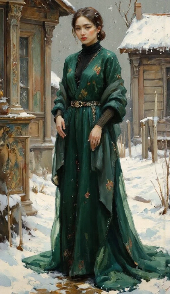 a full body image of a beautiful young woman, in a snowy village, cold atmosphere, detailed face and eyes, intricate clothing folds, soft lighting, winter landscape, photorealistic, cinematic composition, highly detailed A highly detailed full body fashion illustration, featuring a confident woman wearing an elegant emerald green evening gown, designed with intricate floral patterns and a long flowing train, accessorized with sparkling jewelry. ensuring the focus remains on the outfit and character design. The lighting is soft and even, highlighting the textures and details of the fabric. The image is presented in a clean, professional style, ideal for a high-fashion design portfolio.
