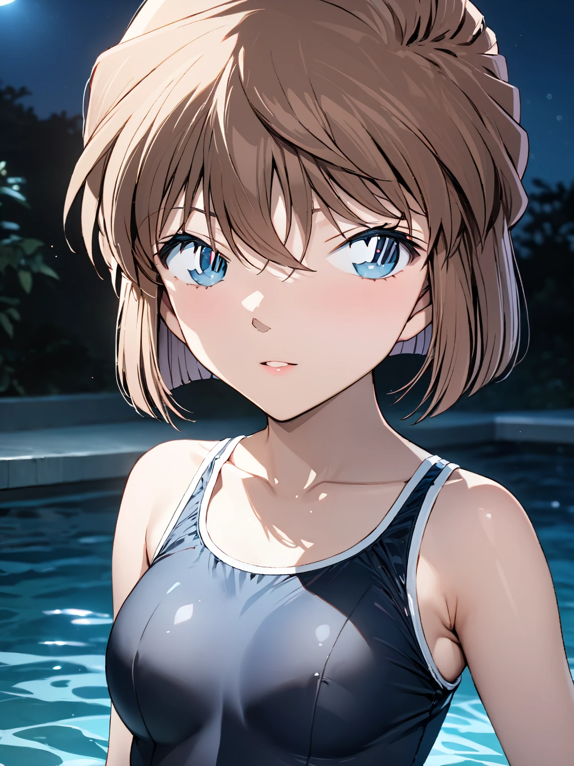 (Haibara Ai),  brown hair,  school swimsuit,  high school girl, Night sea,  cowboy shot , masterpiece:1.5, masterpiece, highest quality, UHD, retina, masterpiece, accurate anatomy, super detailed, high quality, best quality, 8k