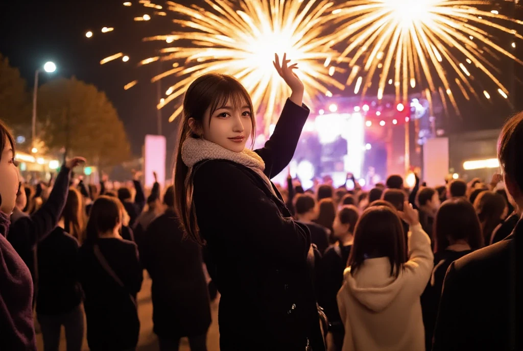 A vibrant and festive New Year  scene at night, featuring a crowd of people celebrating outdoors. The focus is on silhouetted figures with their hands raised in joy and excitement, facing a dazzling display of fireworks lighting up the night sky. The fireworks are colorful and dynamic, casting warm and golden hues over the crowd and creating a magical atmosphere. In the foreground, a girl is standing slightly apart from the crowd, but she is turning back toward the viewer, her face illuminated by the warm glow of the fireworks. She has a welcoming and cheerful expression, her arm extended toward the viewer as if inviting them to join the celebration. She is wearing a stylish winter coat and scarf, with her hair slightly tousled by the cool evening breeze. The background features a stage with blurred performers and warm lighting, adding to the energy of the celebration. The scene conveys excitement, warmth, and an inviting sense of joy as the New Year begins.