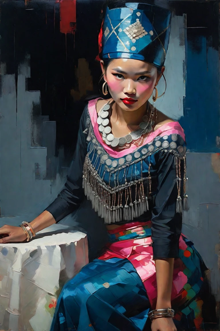 Create a contemporary portrait of a beautiful Kachin woman, Myanmar with Kachin Traditional dress, black long sleeve shirt and red skirt ,Decorated with silver coins, silver rings and decorated with silver chains on the black shirt , red head dress in the
expressive and painterly style of Malcolm Liepke,
utilizing a palette of yellow, light pink, muted blue, dark
grayish blue, bright blue, very dark gray, and
light grayish blue.The portrait should feature a
close-up of the subject's face with strong,
dynamic
brushstrokes and a focus on capturing
the depth and texture characteristic of
Liepke's work. Use light pink and bright
blue for the highlights and vibrant
areas,while employing muted blue, dark
grayish blue, very dark gray, and light
grayish blue to create shadows and
depth. Ensure the background
complements
the portrait with subtle variations of the
same color 
palette, evoking a sense of modern
elegance and
emotional intensity