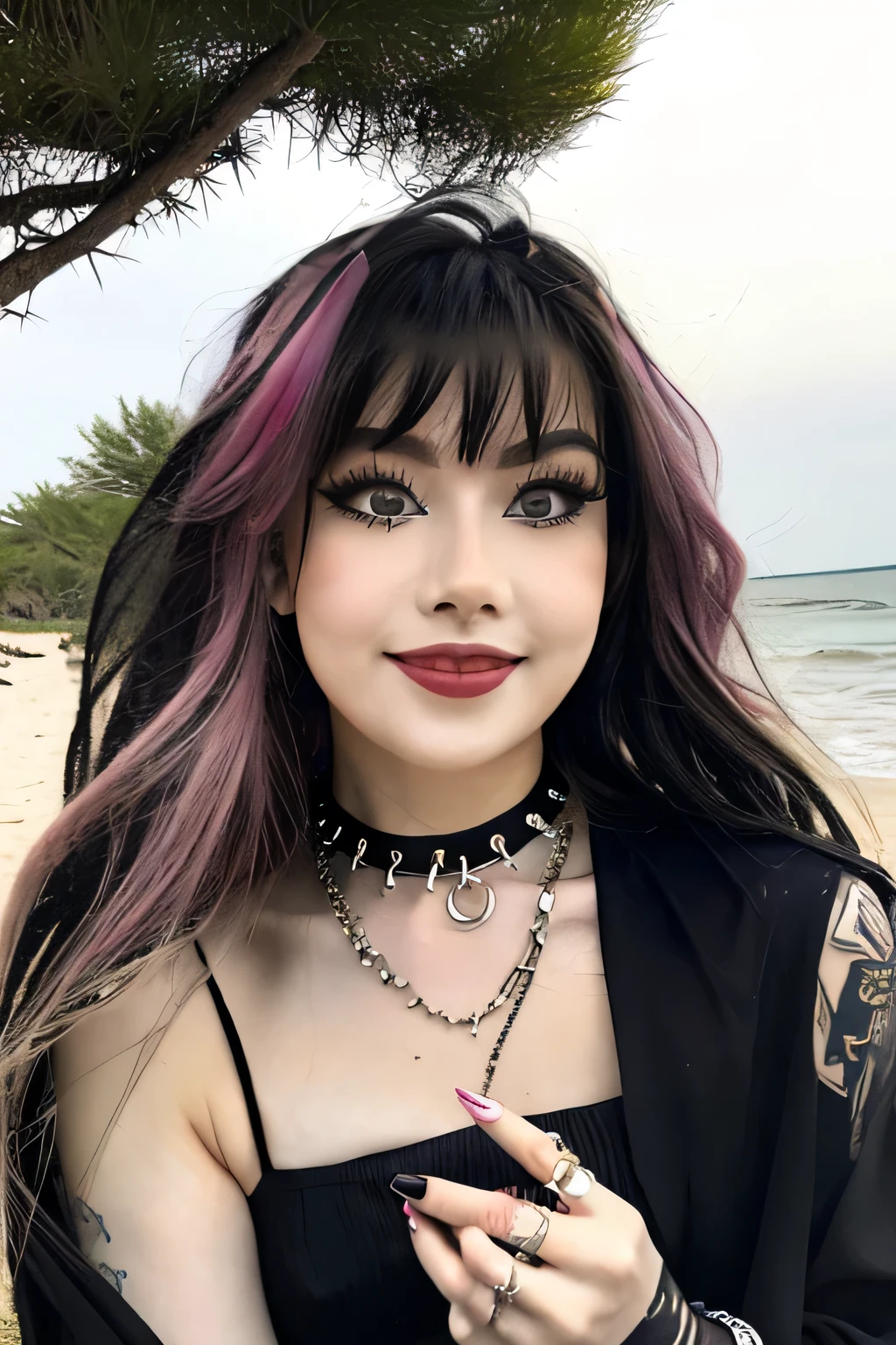 High resolution, best quality, full body camera angle, feet in picture, anatomically correct, 1woman, solo,korean, blunt bangs, hottie, goth/alternative, long dyed hair, fair skin, black eyes, make up, pink highlights in hair, big round glasses, winged eyeliner, shiny lipstick, looking at viewer, smiling, big lips, tatoo, very large breats, (big ), submissive poses, dynamic poses, goth bikini, choker, long press on nails, trying to seduce you, at the beach, sunny day, white sand