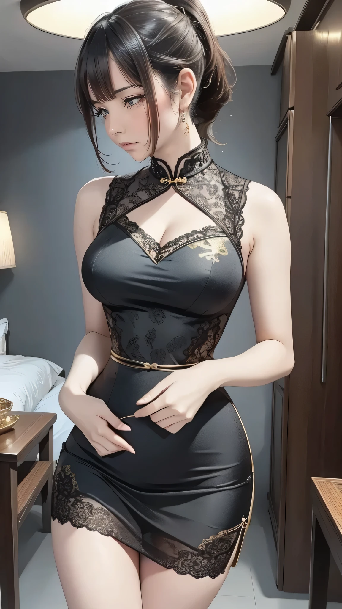 beautiful, perfect body proportions, curvaceous, slim, black lace cheongsam with gold linings, high ponytail, photorealistic