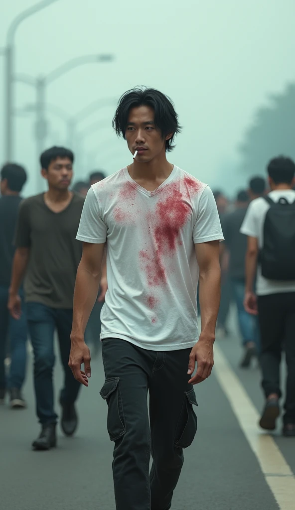 zombie man with black and gray undercut hair walking down the street with a knife, North Korean sword, movie poster character, Japanese live-action movie, movie promotional image, jinyoung shin, still from live action movie, standing in pool of blood, live action movie , inspired by Joong Keun Lee, scenes from live action films, blood in the streets, chainsaw man