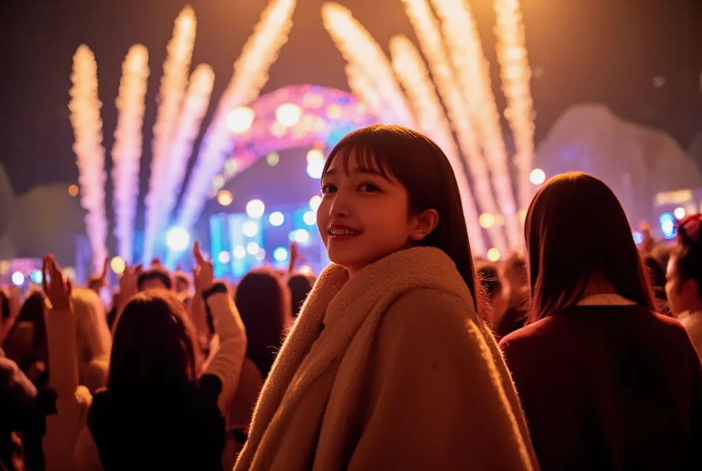 A vibrant and festive New Year  scene at night, featuring a crowd of people celebrating outdoors. The focus is on silhouetted figures with their hands raised in joy and excitement, facing a dazzling display of fireworks lighting up the night sky. The fireworks are colorful and dynamic, casting warm and golden hues over the crowd and creating a magical atmosphere. In the foreground, a girl is standing slightly apart from the crowd, but she is turning back toward the viewer, her face illuminated by the warm glow of the fireworks. She has a welcoming and cheerful expression, her arm extended toward the viewer as if inviting them to join the celebration. She is wearing a stylish winter coat and scarf, with her hair slightly tousled by the cool evening breeze. The background features a stage with blurred performers and warm lighting, adding to the energy of the celebration. The scene conveys excitement, warmth, and an inviting sense of joy as the New Year begins.