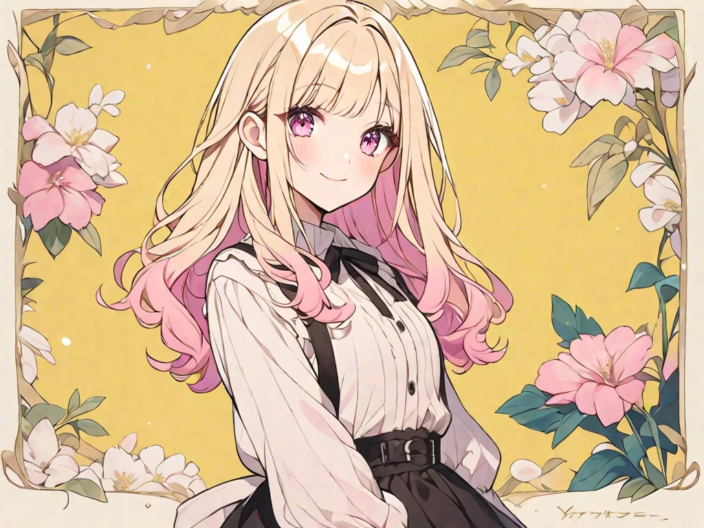 solo, handsome, 1. Female,long hair, bangs ,blonde hair with pink inner hair color,pink eyes,Soft look,ta,Young
,casual,Stylish,Smile, blush ,yellow background,