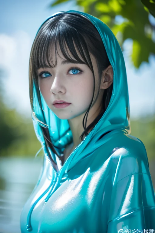 (highest quality, 32k, High resolution, masterpiece:1.5), marimo_jet, god々A photograph with brilliant dazzling and healing power., Evoking a sense of calm and elusive beauty, Expressing emotions, Have a rich imagination, ((Decadent world, Submerged ancient ruins in the lake, Grass and vines grow)), Beautiful Japanese Girls, An exceptionally beautiful face, Small Face Beauty, Perfect Human Anatomy, Magical big eyes, Motherhood and generosity, Deep Love, fleeting smile, Shiny brown hair, Super Long Straight Silk Hair, Asymmetrical bangs, Hair between the eyes, Transparent, soft white skin, Sharp eyebrows, Thin lashes, Natural Makeup, Cheek highlighter, Pale pink detailed lips, ((Turquoise hooded raincoat.2)), Holding a SLR camera, Slim figure with ample breasts, High resolutionの美しい太もも, Soft sunlight pouring down from the blue sky, Professional Lighting, Professional photographer, Professional models