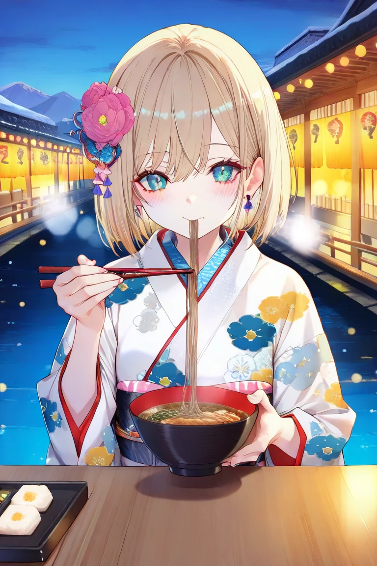 (masterpiece:1.2),(high-quality:1.2),(high-resolution:1.2),(ultra-detailed:1.2),(cute anime girl:1.1),small and petite,wearing a kimono with soba noodle patterns,holding a bowl of New Year soba,eating the soba happily,soft and vibrant colors,cozy atmosphere,winter setting,Japanese traditional style,warm lighting,intricate details,focus on the girl and the bowl,delicate expression,decorative chopsticks,steam rising from the bowl,detailed background,festive New Year's decorations,subtle bokeh effect,(SuperQuality_1.2),detailxl,negativeXL_D,