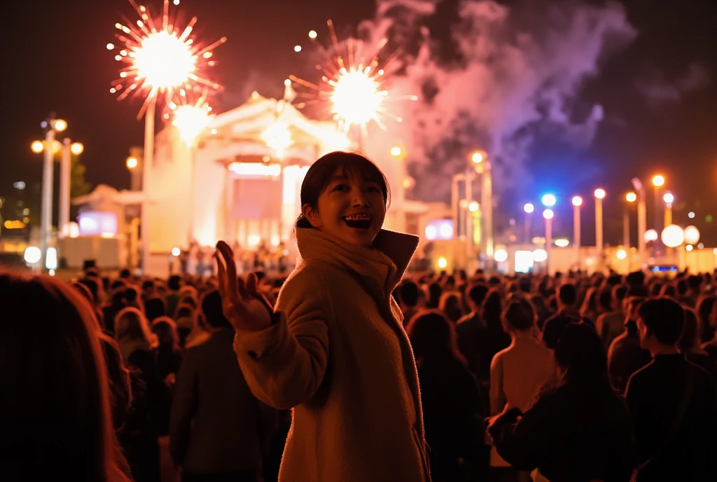 A vibrant and festive New Year  scene at night, featuring a crowd of people celebrating outdoors. The focus is on silhouetted figures with their hands raised in joy and excitement, facing a dazzling display of fireworks lighting up the night sky. The fireworks are colorful and dynamic, casting warm and golden hues over the crowd and creating a magical atmosphere. In the foreground, a girl is standing slightly apart from the crowd, but she is turning back toward the viewer, her face illuminated by the warm glow of the fireworks. She has a welcoming and cheerful expression, her arm extended toward the viewer as if inviting them to join the celebration. She is wearing a stylish winter coat and scarf, with her hair slightly tousled by the cool evening breeze. The background features a stage with blurred performers and warm lighting, adding to the energy of the celebration. The scene conveys excitement, warmth, and an inviting sense of joy as the New Year begins.