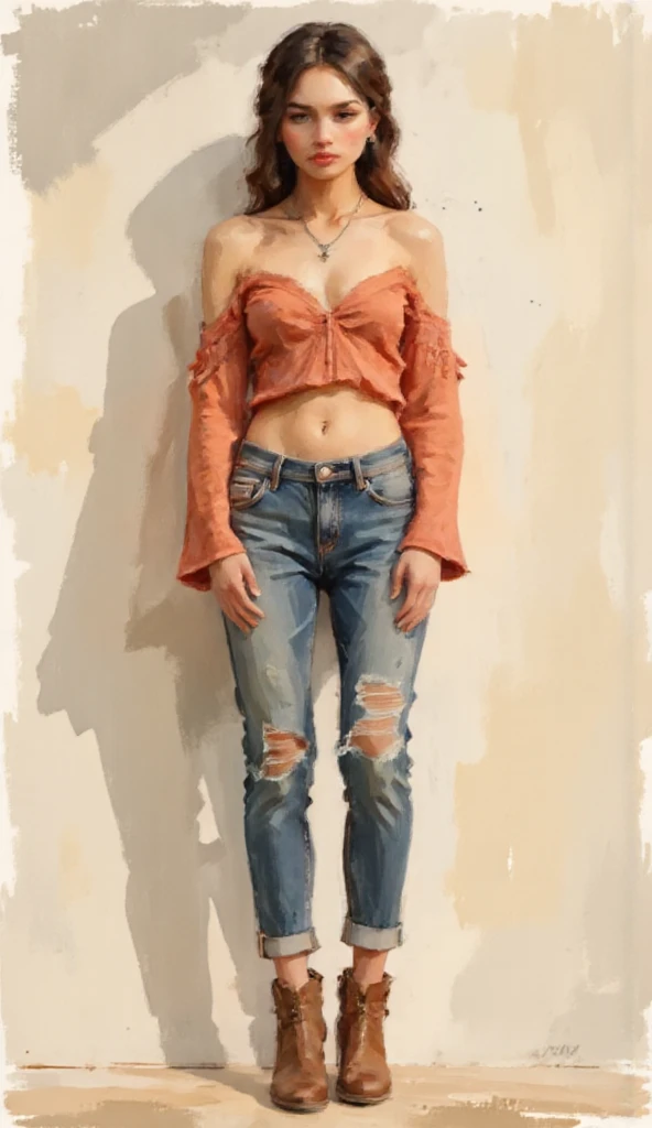 A highly detailed full-body fashion illustration, featuring a confident young woman wearing a stylish western outfit comprising a trendy off-shoulder crop top in vibrant coral with intricate lace detailing and flared sleeves, paired with high-waisted, faded blue jeans designed with subtle distressing and cuffed hems. The ensemble is accessorized with a leather belt, chic ankle boots, and minimalistic jewelry. The lighting is soft and warm, accentuating the textures and intricate details of the fabrics while ensuring the focus remains on the outfit and character design. The setting is neutral and clean, ideal for a high-fashion design portfolio.