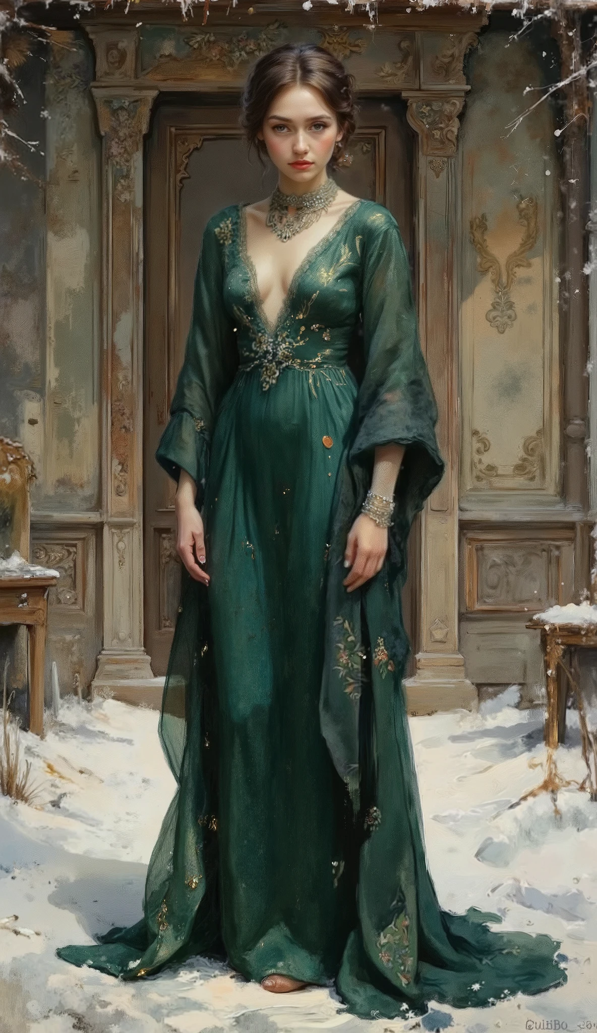 a full body image of a beautiful young woman, in a snowy village, cold atmosphere, detailed face and eyes, intricate clothing folds, soft lighting, winter landscape, photorealistic, cinematic composition, highly detailed A highly detailed full body fashion illustration, featuring a confident woman wearing an elegant emerald green evening gown, designed with intricate floral patterns and a long flowing train, accessorized with sparkling jewelry. ensuring the focus remains on the outfit and character design. The lighting is soft and even, highlighting the textures and details of the fabric. The image is presented in a clean, professional style, ideal for a high-fashion design portfolio.
