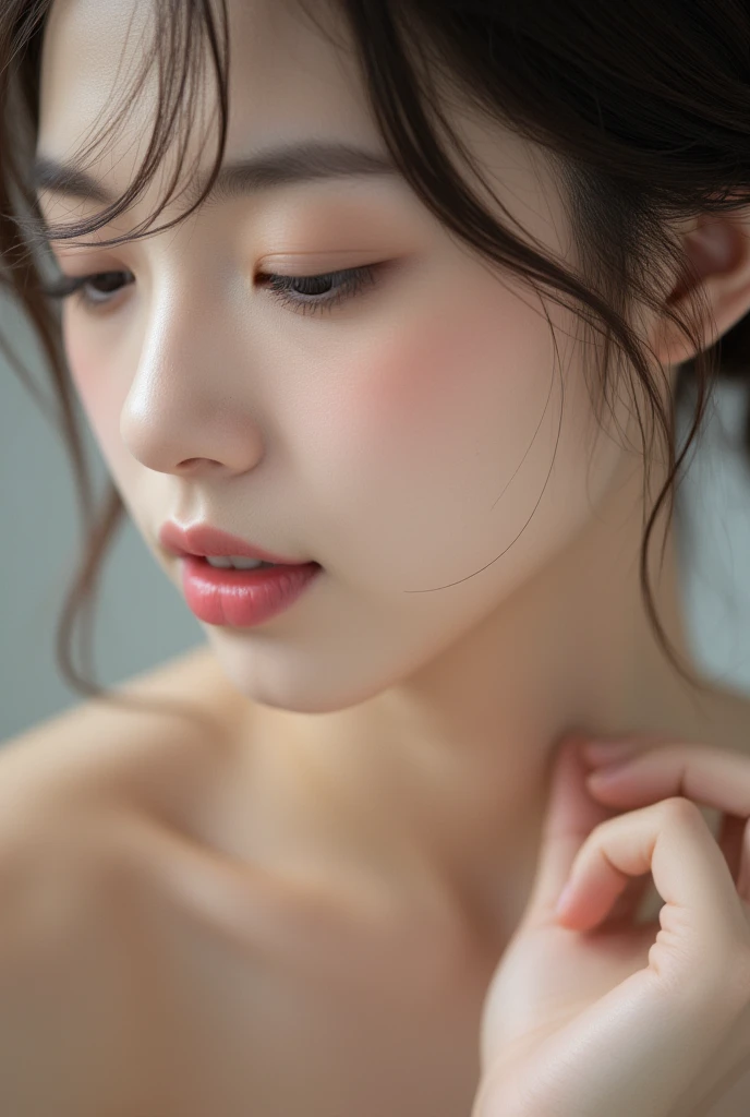  beautiful Japanese actress ,(photo  realistic:1.4), (hyper  realistic:1.4), ( realistic:1.3), very detailed, Lashes high resolution eye depiction  ,  close my eyes, Nose and mouth, focus on face ,  woman with her mouth open and her eyes closed, Completely naked、Age 35, dark-haired、Symmetrical face, realistic nostrils、 angle 、Extended C-shaped nostrils ,,,  White Background 、((Sweaty skin))、Sweaty skinを際立たせる照明、(( nose hook))Sweaty, shiny skin、(( Glowing Skin))、((Wet and shiny tongue))、 charming body, Beautiful breasts,((life,floor)) Beautiful breasts,((Dance In , sexy dress)),