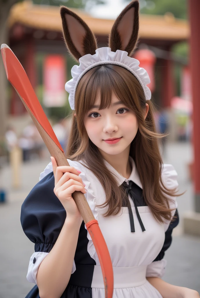 ((hutao genshin impact),long brown hair, Photograph, holding a spear, cute face, 18 years old, kangaroo pose, coquettish, temple festival background, feminine girl,imagescosplayer, foto asli,foto realistic photo quality, maid dress 