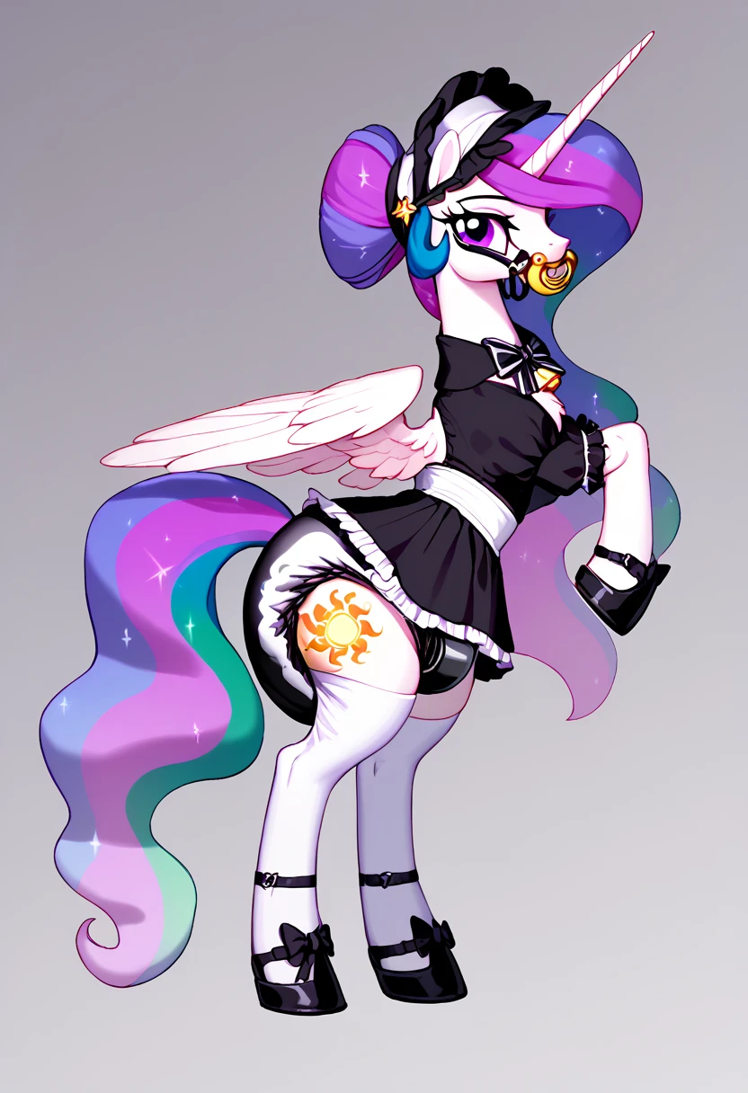 alicorn pony alone , adult mare, Princess Celestia, most of the rainbow mane is packed in a dark light bonnet with white trim on the edges ,  and the back there is a small pigtail on two bows ,  purple eyes, stands on four hooves ,  wide open back hooves ,  dressed in an ornate formal black and white maid outfit with ruffles and ruffles and a short skirt,  purple steel collar with a bell ,  white stockings and black booties over hoof socks ,  big white pacifier mouth gag with straps , thick diaper under clothes, black plastic panties on top of the diaper and a steel chastity belt on top of them, solo,  simple background.