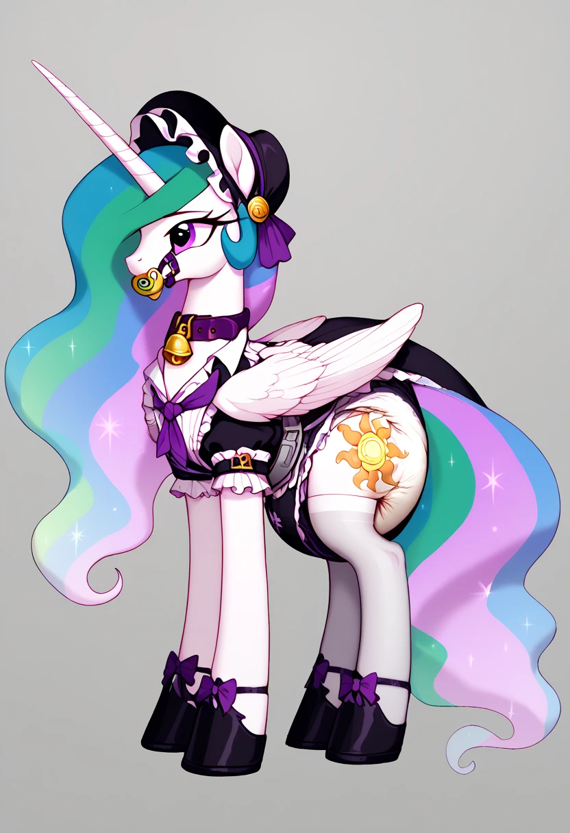 alicorn pony alone , adult mare, Princess Celestia, most of the rainbow mane is packed in a dark light bonnet with white trim on the edges ,  and the back there is a small pigtail on two bows ,  purple eyes, stands on four hooves ,  wide open back hooves ,  dressed in an ornate formal black and white maid outfit with ruffles and ruffles and a short skirt,  purple steel collar with a bell ,  white stockings and black booties over hoof socks ,  big white pacifier mouth gag with straps , thick diaper under clothes, black plastic panties on top of the diaper and a steel chastity belt on top of them, solo,  simple background.