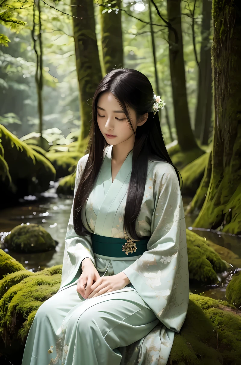 ((best quality)), ((masterpiece)), (detailed), perfect face, (best quality), (detailed skin:1.3), (intricate details), A serene Japanese woman with long, straight black hair sits alone on a moss-covered stone in an ancient forest. She wears a flowing kimono in shades of deep green and soft ivory, adorned with delicate floral patterns. With her eyes gently closed, she plucks the strings of a small wooden harp, her posture elegant and poised. The forest around her is alive with vibrant greenery, shafts of sunlight piercing through the tall trees, and faint, glowing orbs of light that add an ethereal quality to the peaceful scene