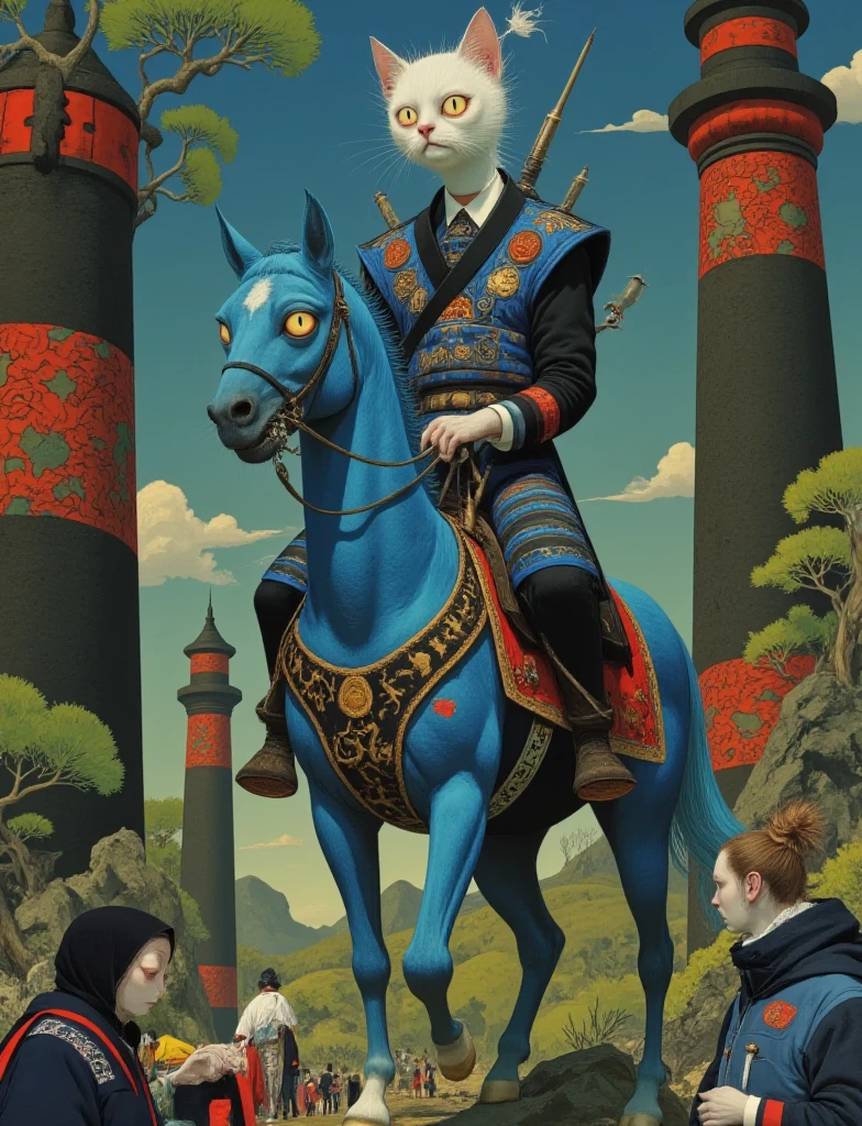 ( view Countertop )  illustration of a cat in samurai armor riding a blue horse. in a mysterious forest . Beautiful pillars ,  beautiful detailed fabrics decorate the place . (esotericism) (Catholic punk ). inspired by Tim Biskup, Adobe Illustrator Art,  in the style of digital illustration, Created in Adobe Illustrator, Behance vector hd ,, Fabulous Illustrations,, Occultism.  A beautiful artistic illustration  (( ultra detailed)) (8K)