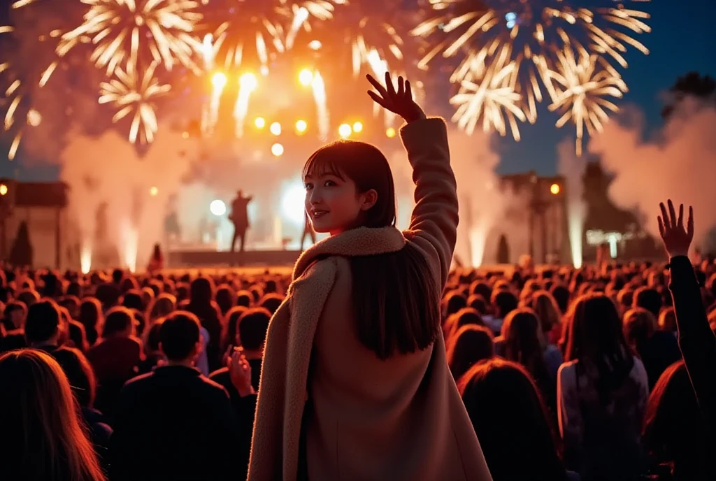 A vibrant and festive New Year  scene at night, featuring a crowd of people celebrating outdoors. The focus is on silhouetted figures with their hands raised in joy and excitement, facing a dazzling display of fireworks lighting up the night sky. The fireworks are colorful and dynamic, casting warm and golden hues over the crowd and creating a magical atmosphere. In the foreground, a girl is standing slightly apart from the crowd, but she is turning back toward the viewer, her face illuminated by the warm glow of the fireworks. She has a welcoming and cheerful expression, her arm extended toward the viewer as if inviting them to join the celebration. She is wearing a stylish winter coat and scarf, with her hair slightly tousled by the cool evening breeze. The background features a stage with blurred performers and warm lighting, adding to the energy of the celebration. The scene conveys excitement, warmth, and an inviting sense of joy as the New Year begins.