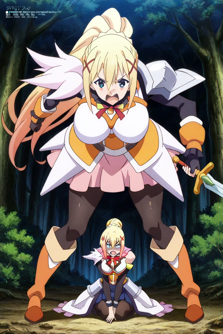 1girl,darkness,konosuba, sexy poses , dress,  fantasy forest,body armour,sword,angry,white armour, skirt white, front view
 ,  Prompt: (huge gigantic super mega hyper:1.4),(biggest round giant massive :1.4), (only one women), source_anime,masterpiece,best quality,highres,absurdres,official art,official style,source_anime,anime screencap,anime coloring,megami magazine,anime,animated,explicit, shiny skin,