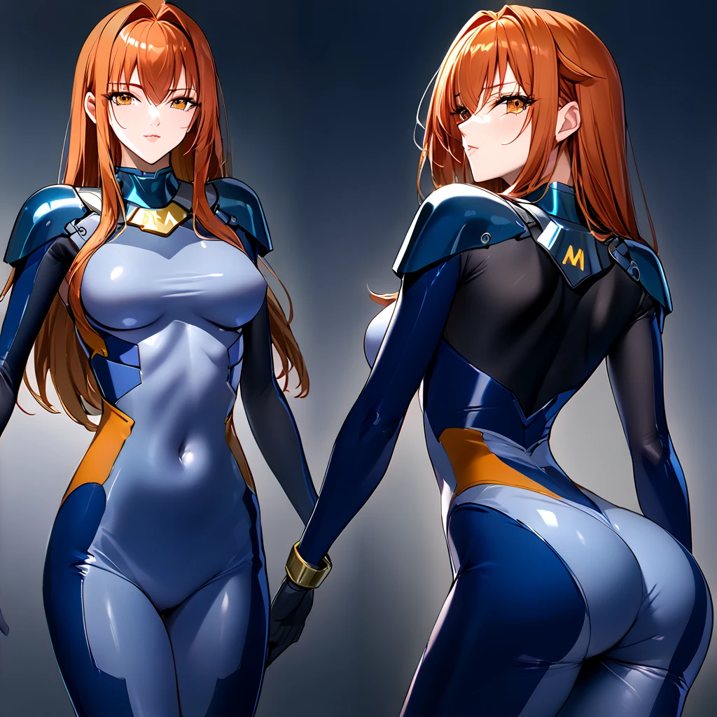 (( top quality )), ((masterpiece)), ( Details), （perfect face）、Maya Cordelia with orange hair wears a blue full-body number suit and poses in a sexy pose showing her whole body