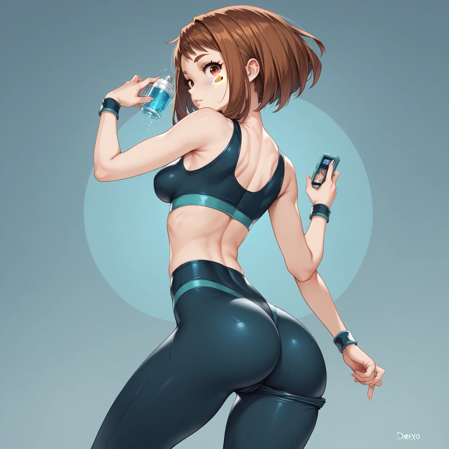 (side angle), ochako uraraka, brown eyes, brown hair, (aego)short hair, blush, blush stickers, bodysuit, skin tight, superhero, slender body, tiny waist. sexy body, sexy figure, slim legs, slim figure, sexy, tiny waist, desireable, tempting, lust, butt, back view, back, dos, fesses , yoga pants, poches arrières pantalon, bottes noires 