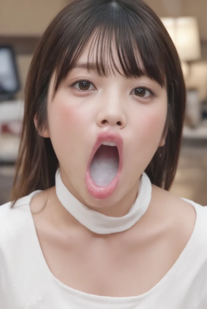 The high resolution photograph of a young Japanese female idol, solo, 1girl, wearing a off-shoulder dress, face focus, close-up of face, looking at the camera, pale skin, detailed face, detailed eyes, seductive eyes, natural make-up,
(open mouth, cum in mouth after blowjob, drooling cum), indoors, 