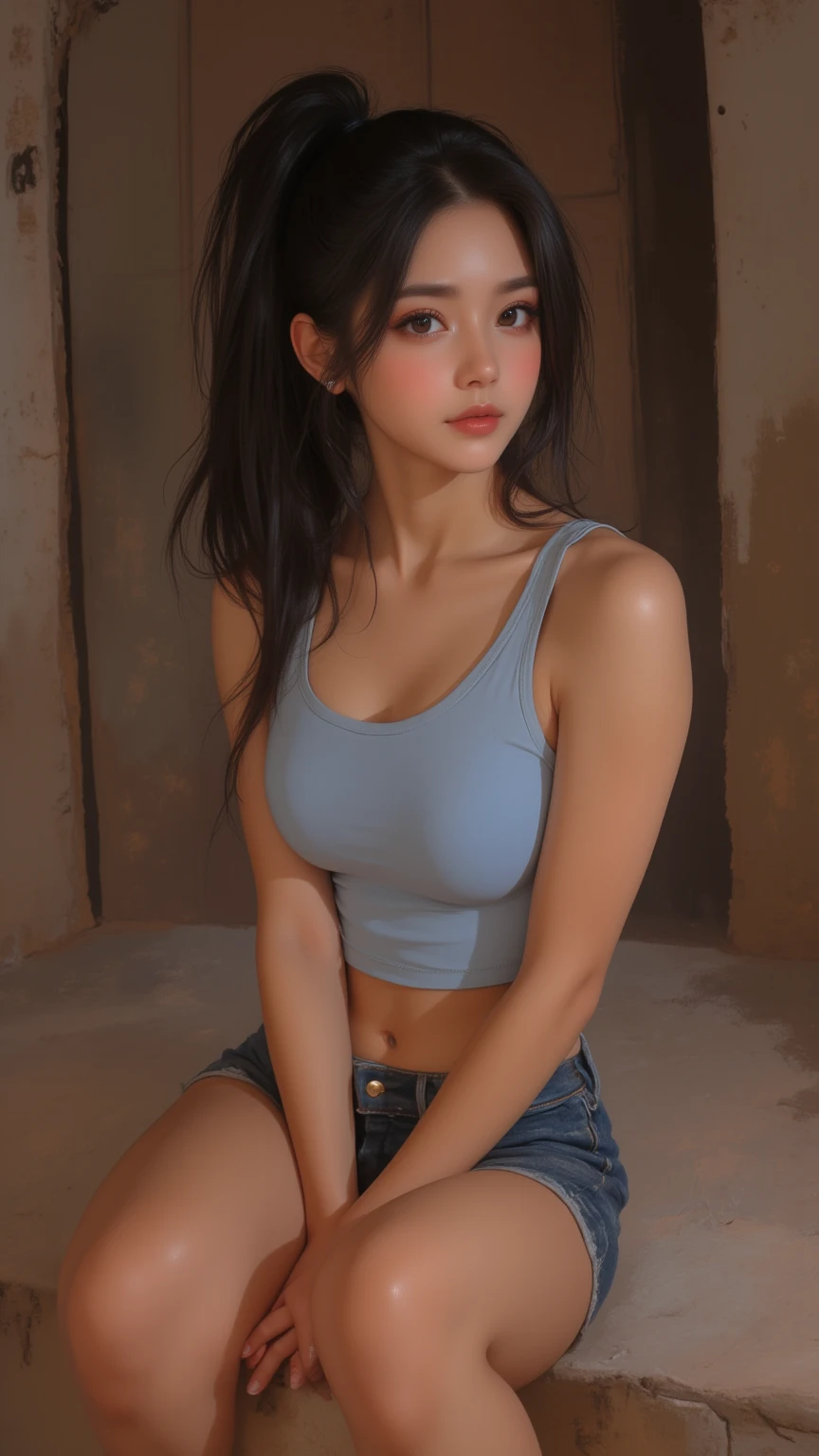 realistic, Masterpiece, top quality, woman,  ((  High ponytail-style long black hair, light blue sleeveless tank top, short denim shorts, she is sitting, her legs on her ankles, her hands together near her knees))  ( Surrealism background )