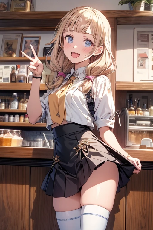 (muste piece:1.5)、(highest quality:1.5)、(16k wallpaper:1.2)、(photorealistic:1.2)、(Super detailed:1.2)、(ultra high resolution:1.2)、(Highly detailed and realistic skin:1.2)、(Very detailed and clean sharp eyes:1.2)、(Full Orange High Waist Ruffle Layered Mini Skirt:1.6)、(the skirt is widening)、(orange ribbon on shirt:1.6)、(orange waitress costume:1.2)、(She lifts her skirt to reveal her light blue striped panties.:1.3)、(At a family restaurant with many male customers.:1.2)、beautiful sunlight from the window、(woman with slender figure:1.2)、(beautiful 18 year old woman:1.2)、beautiful eyeliner、eye shadow、natural color lip、(Long blonde twintails that cover one eye:1.2)、chest is medium、The best smile with open mouth、(pure white collared long sleeve shirt:1.2)、(pure white knee high socks:1.3)、(White beret:1.3)、Seen from below