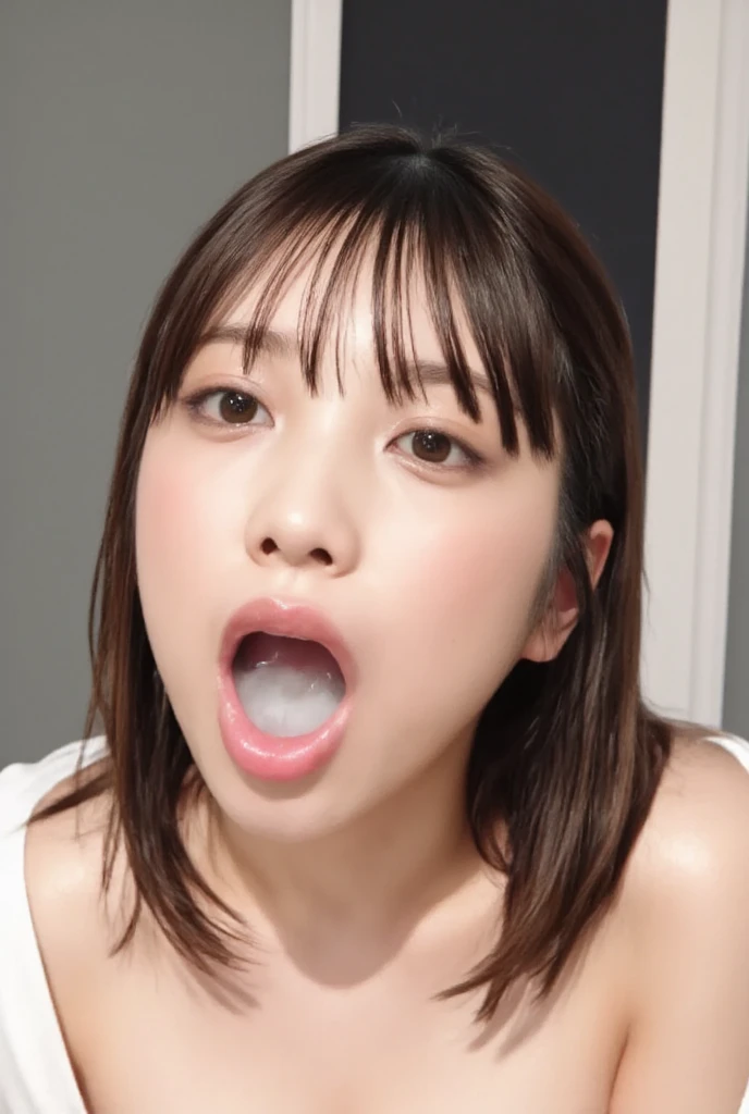 The high resolution photograph of a young Japanese female idol, solo, 1girl, wearing a off-shoulder dress, face focus, close-up of face, looking at the camera, pale skin, detailed face, detailed eyes, seductive eyes, natural make-up,
(open mouth, cum in mouth after blowjob, drooling cum), indoors, 