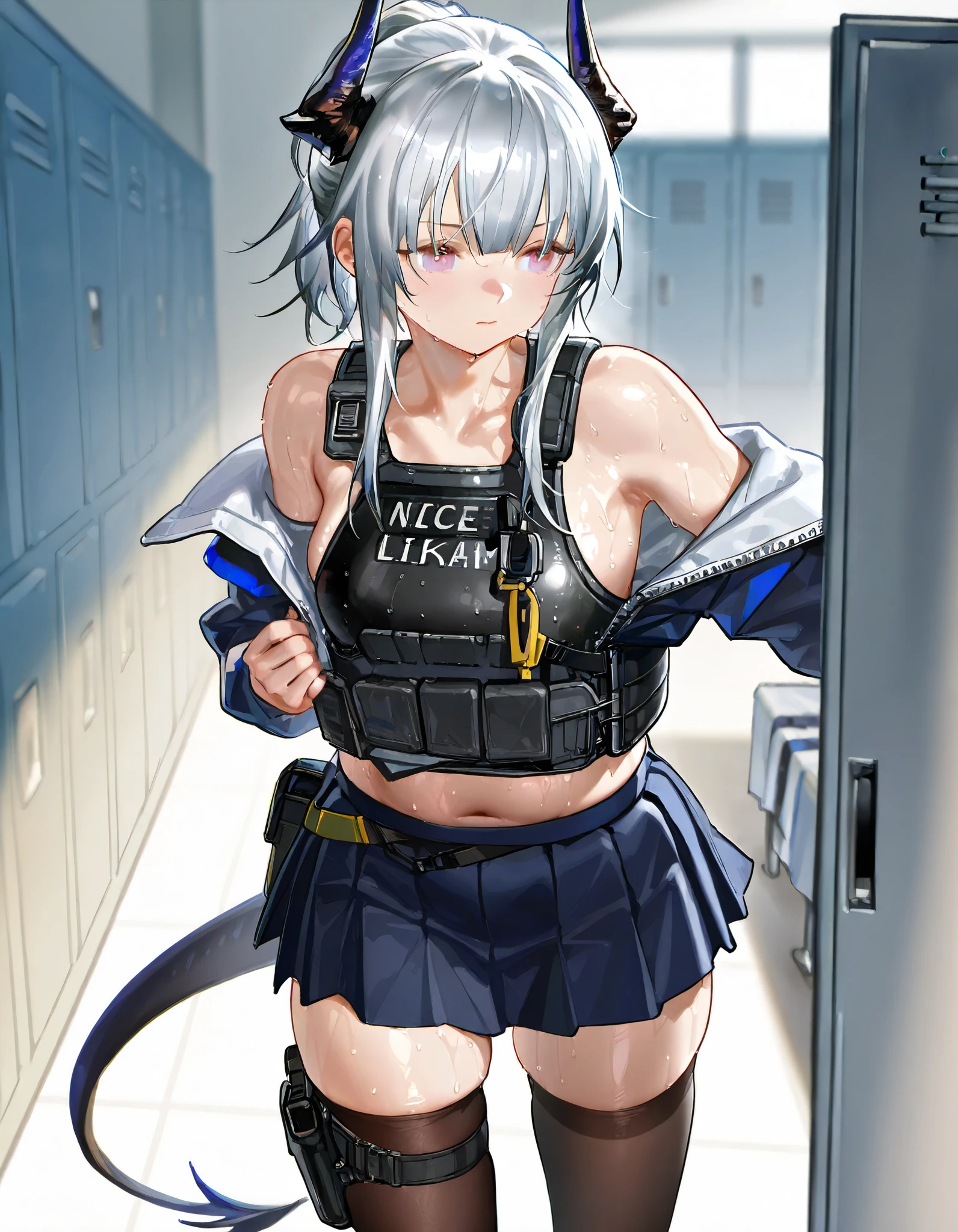 Artist : Nyalia Liskarm,、skirt,、nice realistic Breasts、body armor. liskarm、arknights、silver hair, stockings, thigh bag, holster, horns,  、young Woman、,  、 locker room, armory, 、 、 sweaty, slightly chubby, tail, undressing