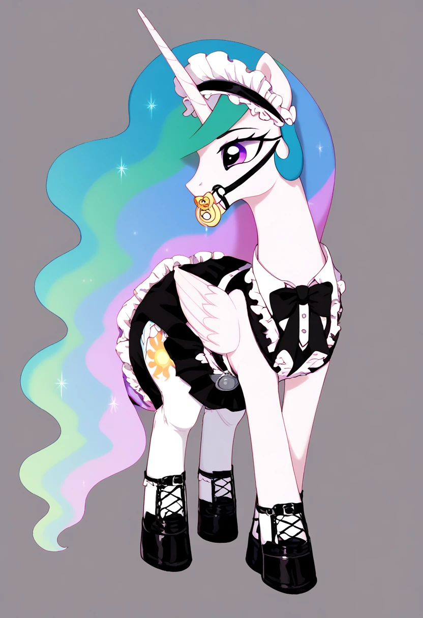 alicorn pony alone , adult mare, Princess Celestia, most of the rainbow mane is packed in a dark light bonnet with white trim on the edges ,  and the back there is a small pigtail on two bows ,  purple eyes, stands on four hooves ,  wide open back hooves ,  dressed in an ornate formal black and white maid outfit with ruffles and ruffles and a short skirt,  purple steel collar with a bell ,  white stockings and black booties over hoof socks ,  big white pacifier mouth gag with straps , thick diaper under clothes, black plastic panties on top of the diaper and a steel chastity belt on top of them, solo,  simple background.