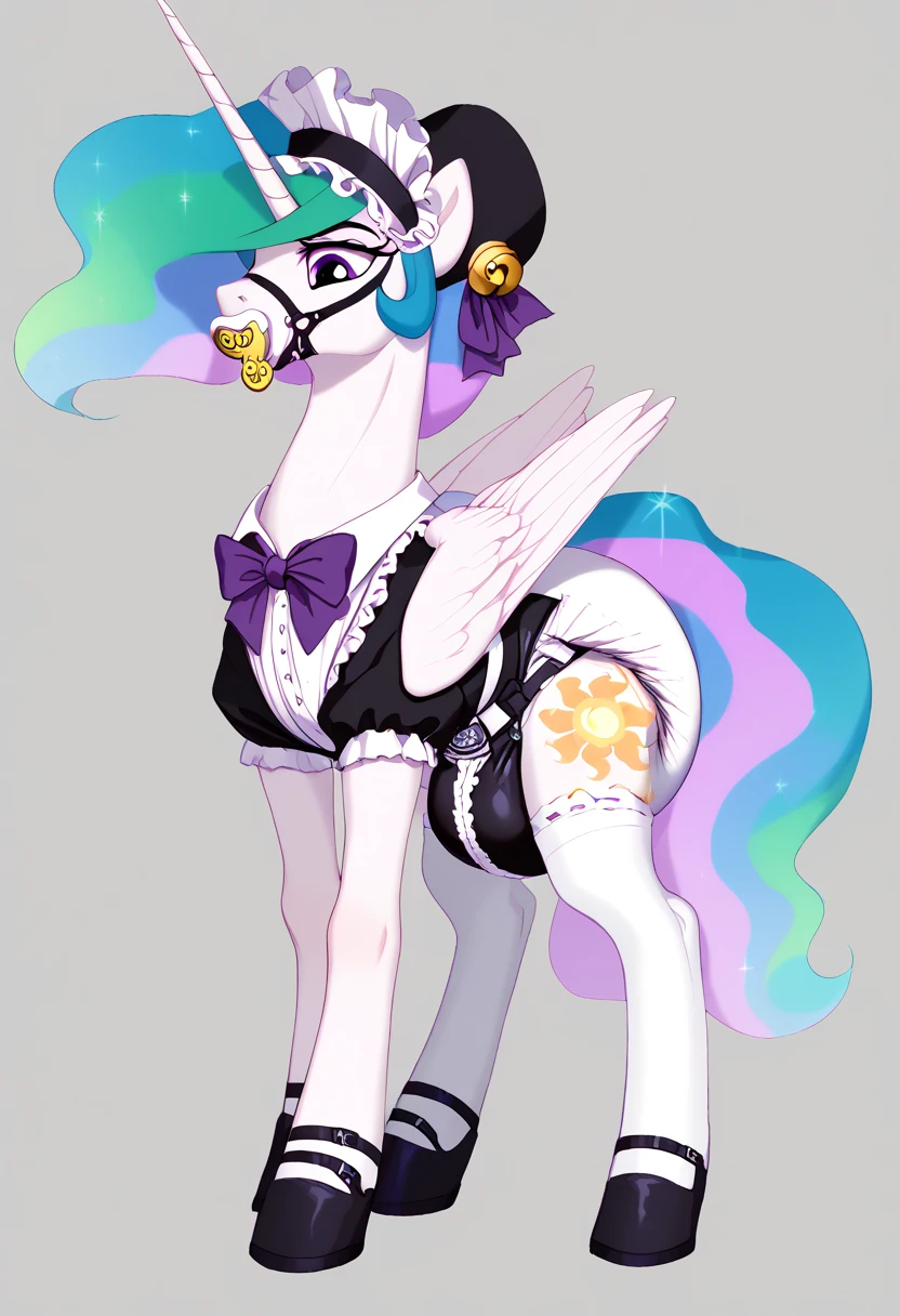 alicorn pony alone , adult mare, Princess Celestia, most of the rainbow mane is packed in a dark light bonnet with white trim on the edges ,  and the back there is a small pigtail on two bows ,  purple eyes, stands on four hooves ,  wide open back hooves ,  dressed in an ornate formal black and white maid outfit with ruffles and ruffles and a short skirt,  purple steel collar with a bell ,  white stockings and black booties over hoof socks ,  big white pacifier mouth gag with straps , thick diaper under clothes, black plastic panties on top of the diaper and a steel chastity belt on top of them, solo,  simple background.