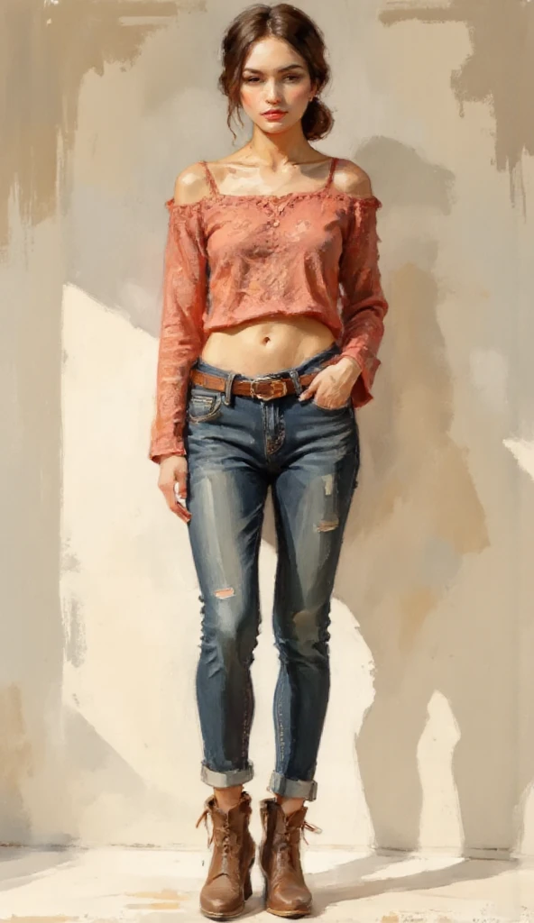 A highly detailed full-body fashion illustration, featuring a confident young woman wearing a stylish western outfit comprising a trendy off-shoulder crop top in vibrant coral with intricate lace detailing and flared sleeves, paired with high-waisted, faded blue jeans designed with subtle distressing and cuffed hems. The ensemble is accessorized with a leather belt, chic ankle boots, and minimalistic jewelry. The lighting is soft and warm, accentuating the textures and intricate details of the fabrics while ensuring the focus remains on the outfit and character design. The setting is neutral and clean, ideal for a high-fashion design portfolio.