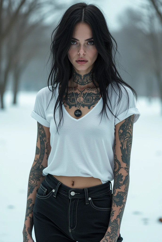 Lady with tatto in all body
with necklace write "gea"
With white T-shirt and black jeans
Background snow