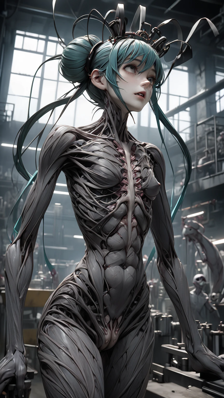 ((best quality)), ((masterpiece)), (detailed), a creature, pale, translucent skin, smooth skin texture like a dolphin, no hair, round head, (bulbous head), (no face), (no eyes), (smooth face), (bright gums) like a shark's mouth, (a squid-like beak coming out of the mouth), (protrusions along a ridged back), (breathing holes along the chest), a tail that splits into three tentacles, long skinny arms that it walks on, where the legs would be is another set of arms that are used for grabbing, H R Giger, Clive Barker's The Thing, xenomorph, necromorph, predator, Engineer, sci fi horror, cosmic horror