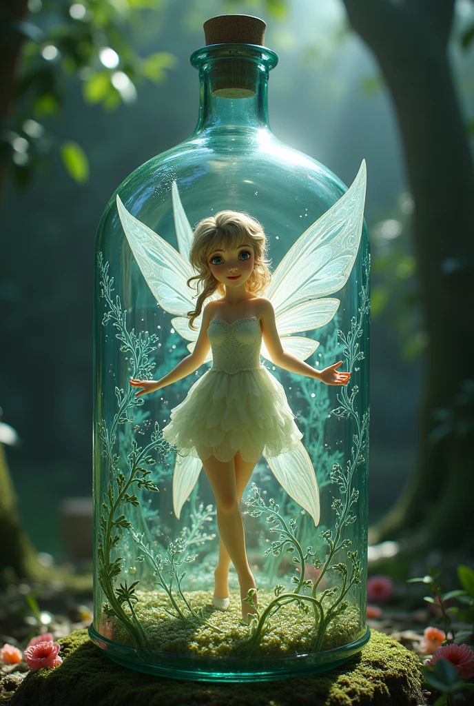A fairy locked inside a glass jar. beautiful fairy, detailed, Fancy. realist, tiny. Giant world, size difference.