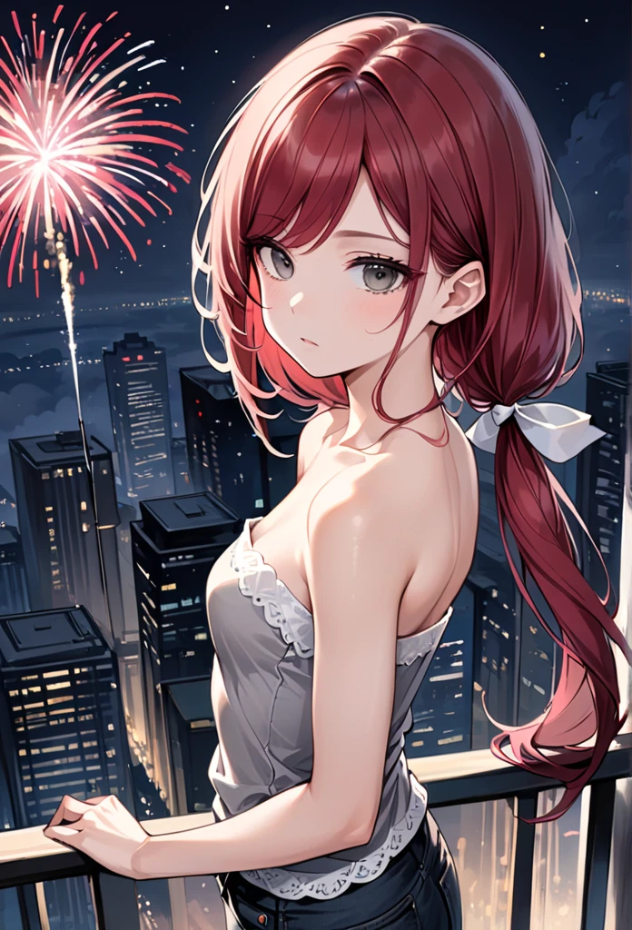 (masterpiece, Highest quality, detailed), One girl, alone, View your viewers, Francesca Lucchini, Sundress, White Dress, Sleeveless dress, Bare shoulders, firework, aerial firework, (chest squeezed together), (v Arms), Spaghetti Straps, night, night sky, City lights, chest, chestの谷間, Leaning forward, smile, Open your mouth