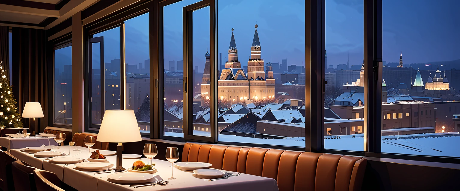  Fine Dining　Is it snowing or piled up outside the window　Winter landscape　 big window　 night view　 Moscow　 indirect lighting　French cuisine