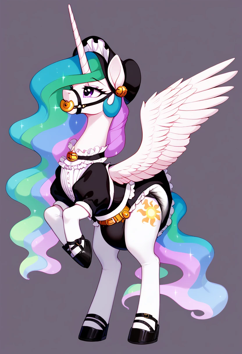 alicorn pony alone , adult mare, Princess Celestia, most of the rainbow mane is packed in a dark light bonnet with white trim on the edges ,  and the back there is a small pigtail on two bows ,  purple eyes, stands on four hooves ,  wide open back hooves ,  dressed in an ornate formal black and white maid outfit with ruffles and ruffles and a short skirt,  purple steel collar with a bell ,  white stockings and black booties over hoof socks ,  big white pacifier mouth gag with straps , thick diaper under clothes, black plastic panties on top of the diaper and a steel chastity belt on top of them, solo,  simple background.