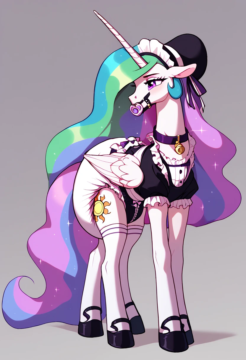 alicorn pony alone , adult mare, Princess Celestia, most of the rainbow mane is packed in a dark light bonnet with white trim on the edges ,  and the back there is a small pigtail on two bows ,  purple eyes, stands on four hooves ,  wide open back hooves ,  dressed in an ornate formal black and white maid outfit with ruffles and ruffles and a short skirt,  purple steel collar with a bell ,  white stockings and black booties over hoof socks ,  big white pacifier mouth gag with straps , thick diaper under clothes, black plastic panties on top of the diaper and a steel chastity belt on top of them, solo,  simple background.