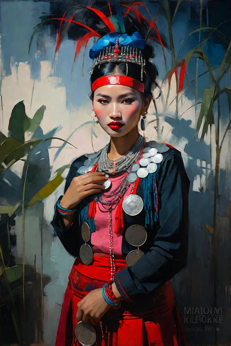 Create a contemporary portrait of a beautiful Kachin woman, Myanmar with Kachin Traditional dress, black long sleeve shirt and red skirt ,Decorated with silver coins, silver rings and decorated with silver chains on the black shirt , red head dress in the
expressive and painterly style of Malcolm Liepke,
utilizing a palette of red, black, muted blue.The portrait should feature a
close-up of the subject's face with strong,
dynamic
brushstrokes and a focus on capturing
the depth and texture characteristic of
Liepke's work. Use light pink and bright
blue for the highlights and vibrant
areas,while employing muted blue, dark
grayish blue, very dark gray, and light
grayish blue to create shadows and
depth. Ensure the background
complements
the portrait with subtle variations of the
same color 
palette, evoking a sense of modern
elegance and
emotional intensity