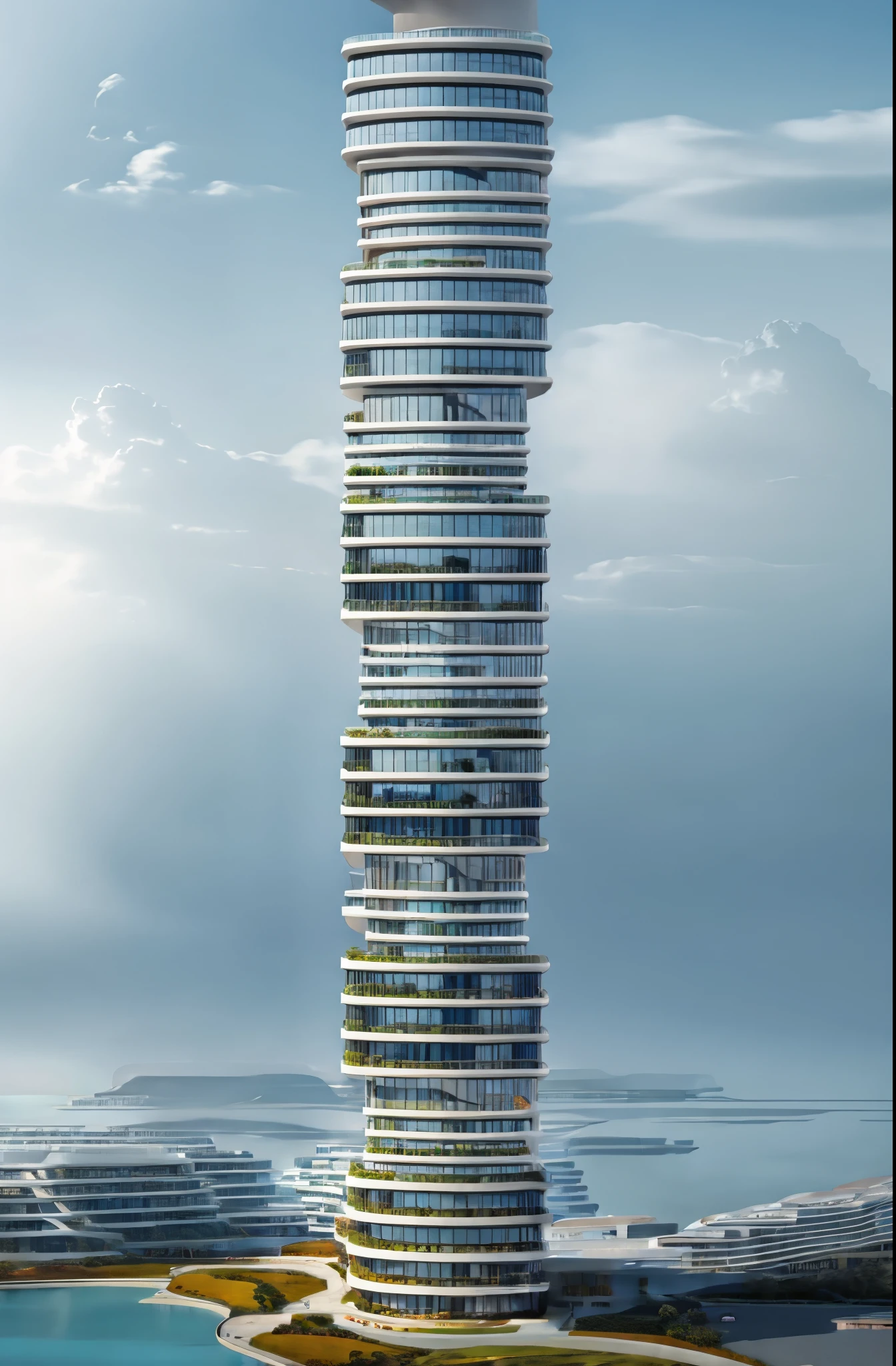 realistic  building design, cylindrical skyscraper, by syd mead and zaha hadid . people, compound, walkways , pool