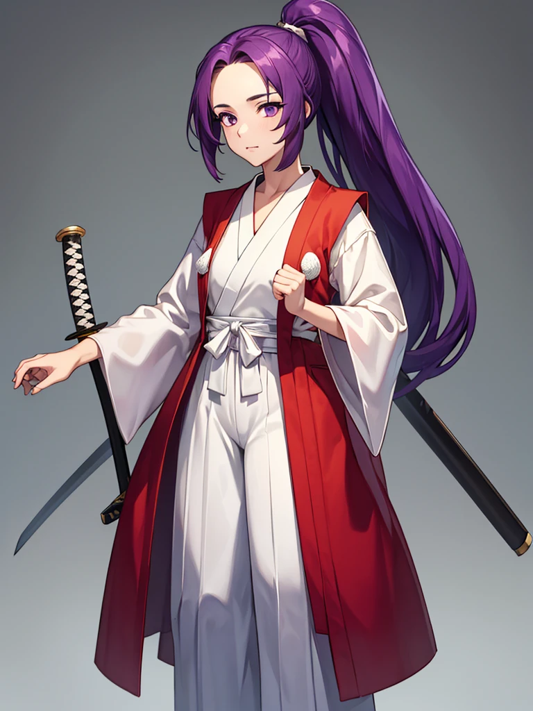 this is a picture of a girl dressed in a long gown with a sword, clean line drawings, ultra cute girl, ultra cute face, ultra detailed eyes, ultra detailed hair, ultra cute, ultra beautiful, ((high end)), (UHD picture), (best quality,4k,8k,highres,masterpiece:1.2), top-quality(​masterpiece), top-quality, ultra-detailed, highly detailed texture, intricate details, high quality textures, masterpiece, best quality, perfect quality, perfect anatomy, perfect body, perfect symmetrical face, perfect hands, perfect feet, (two arms:1.2), (two legs:1.2), (five fingers each:1.2), (perfect joint:1.2), perfect joint movement, precise fingers and hands, 1 beautiful girl, 1 girl, alone, solo, , , ((())), ((ish)), (Best Quality, hight resolution), extremely detailed and lifelike, Vibrant colors, simple background, very long hair, forehead visible bangs, hair flaps, purple hair, ponytail, well-formed face, purple eyes, japanese clothes, samurai, open vest, red vest, white kimono, long sleeves, wide sleeves, haori, long hakama, wide hemmed hakama, hakama pants, long trousers, sword, katana, holding katana, weapon